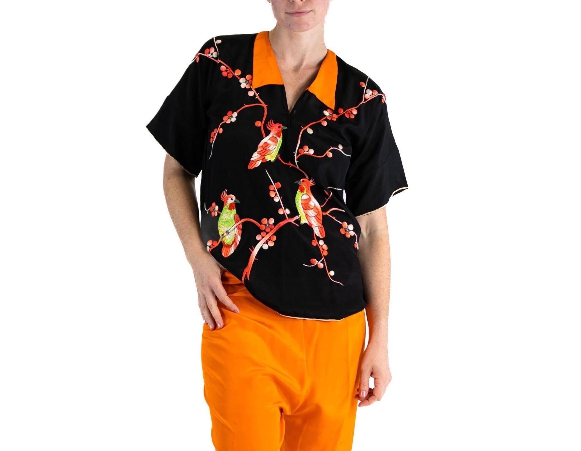 1920S Black & Orange Silk Top Hands Embroidered With Birds For Sale 2