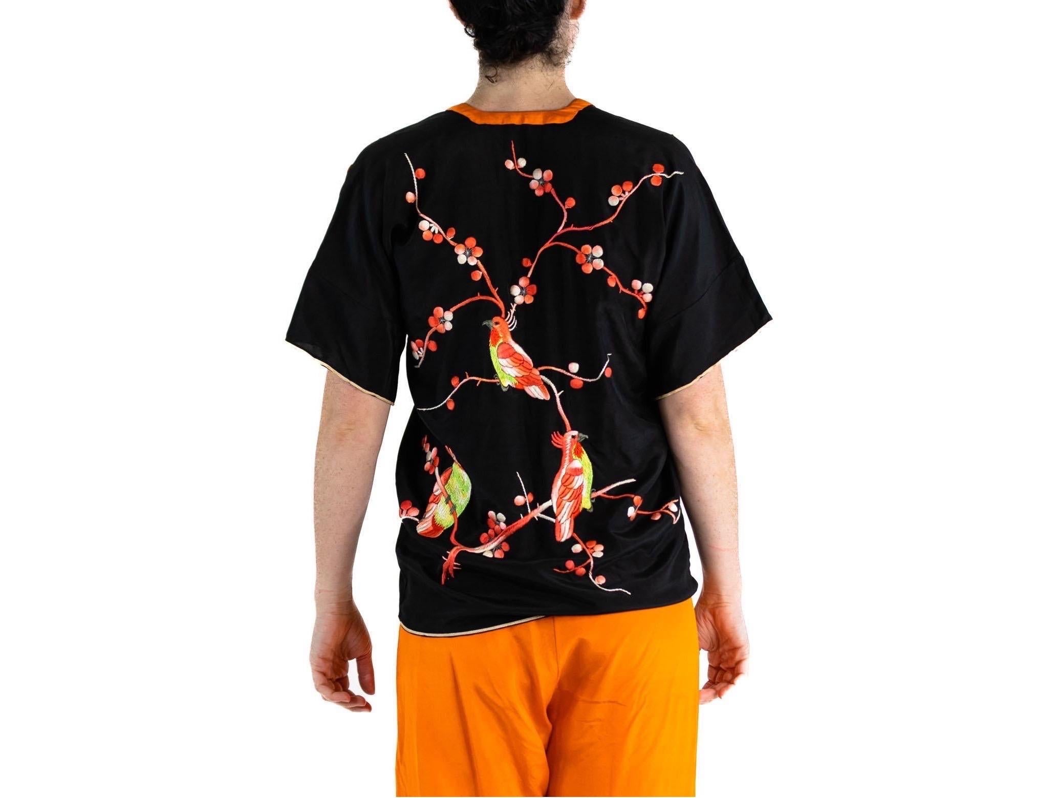 1920S Black & Orange Silk Top Hands Embroidered With Birds For Sale 3