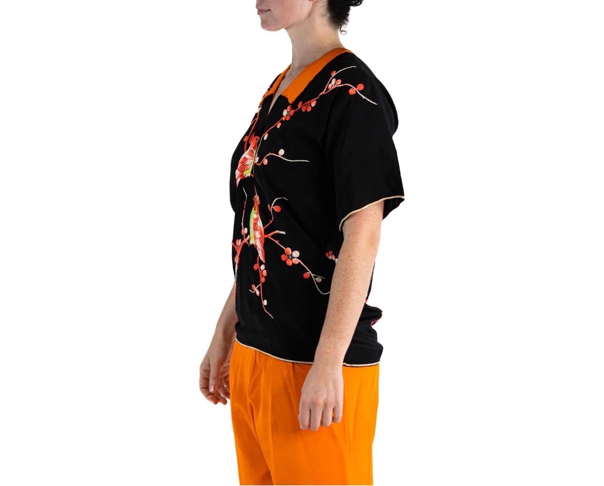 1920S Black & Orange Silk Top Hands Embroidered With Birds For Sale 5