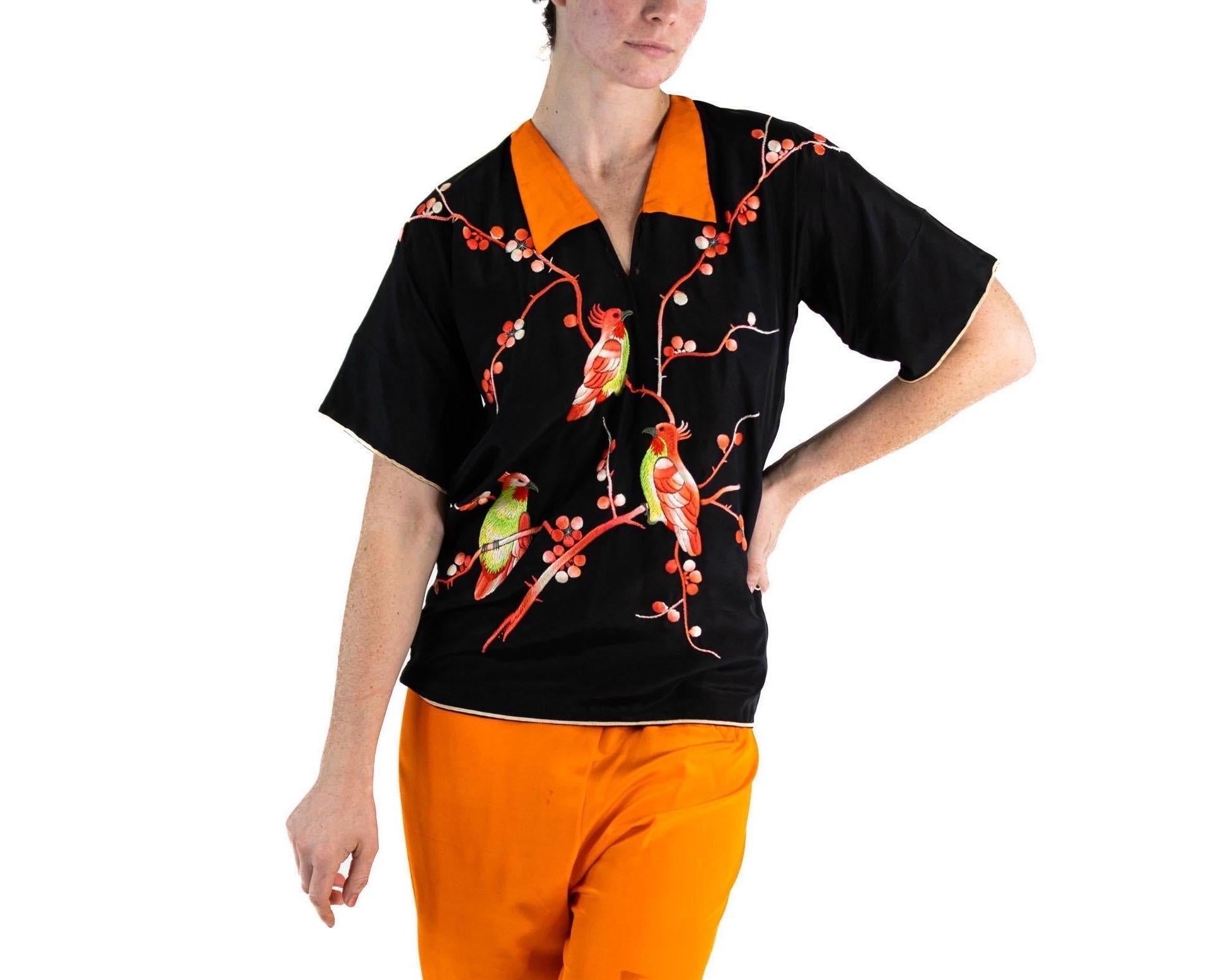 1920S Black & Orange Silk Top Hands Embroidered With Birds For Sale 6