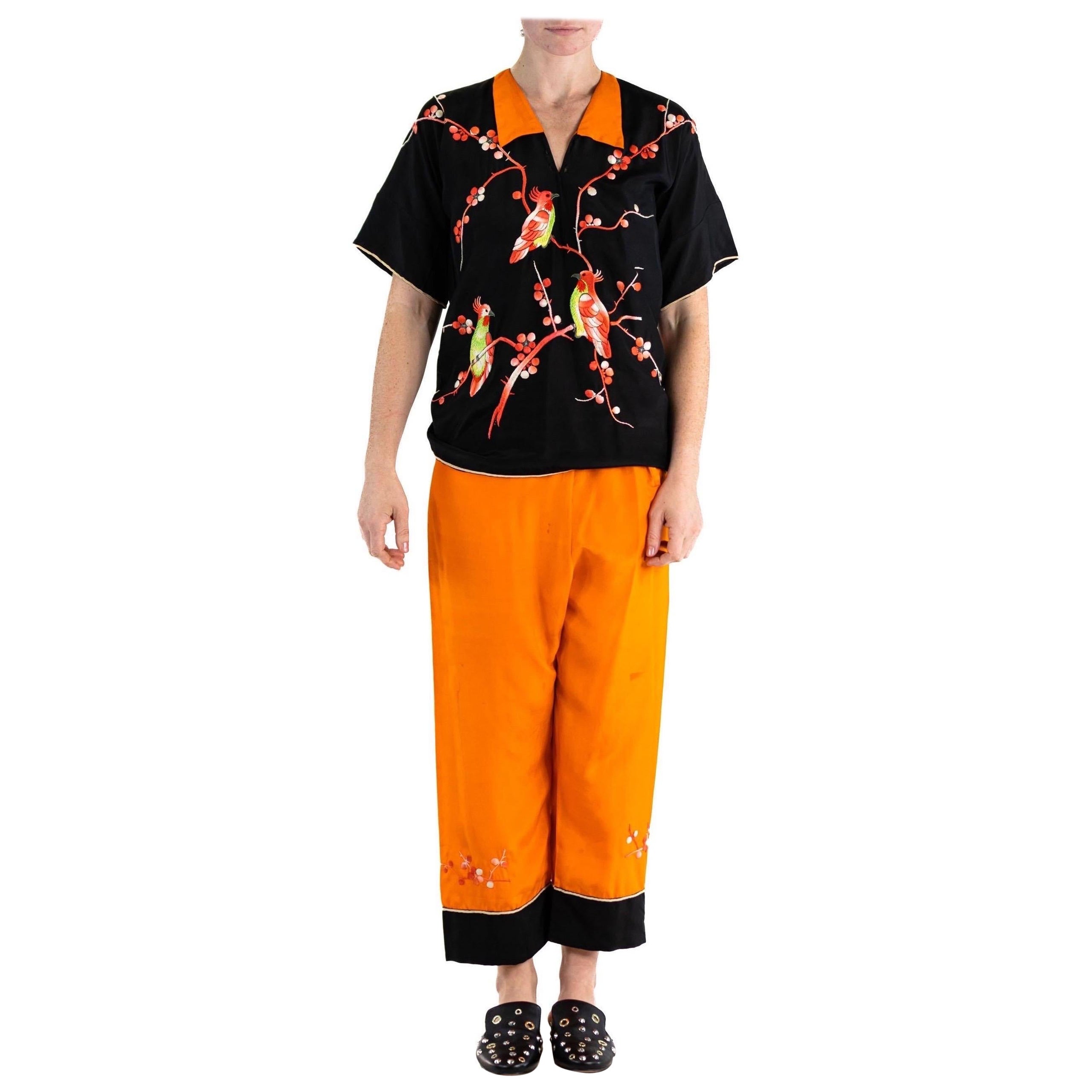 1920S Schwarz & Orange Seide Top Hände mit Vögeln bestickt im Angebot