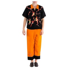 1920S Black & Orange Silk Top Hands Embroidered With Birds