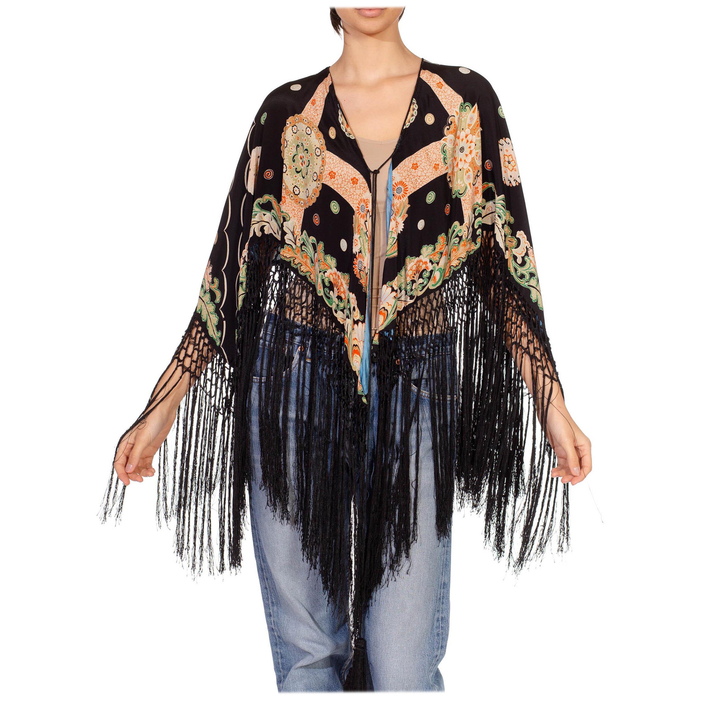 1920S Black & Peach Silk Chiffon Vegetal Medallion Motif Piano Shawl For Sale