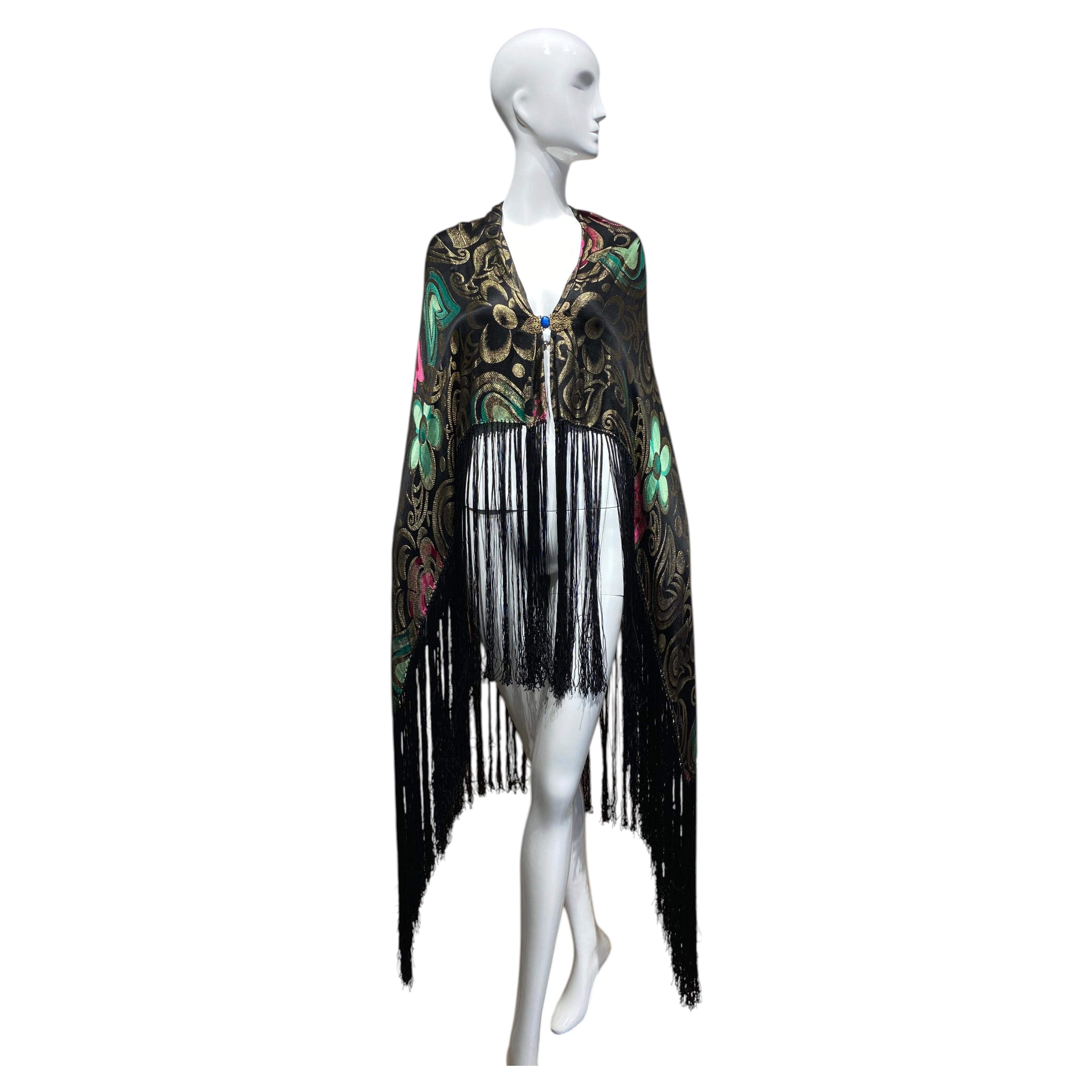 Pre-owned 1stdibs 1920s Vintage Black Pink Green Silk Lame Fringe Capelet Unisex S-m