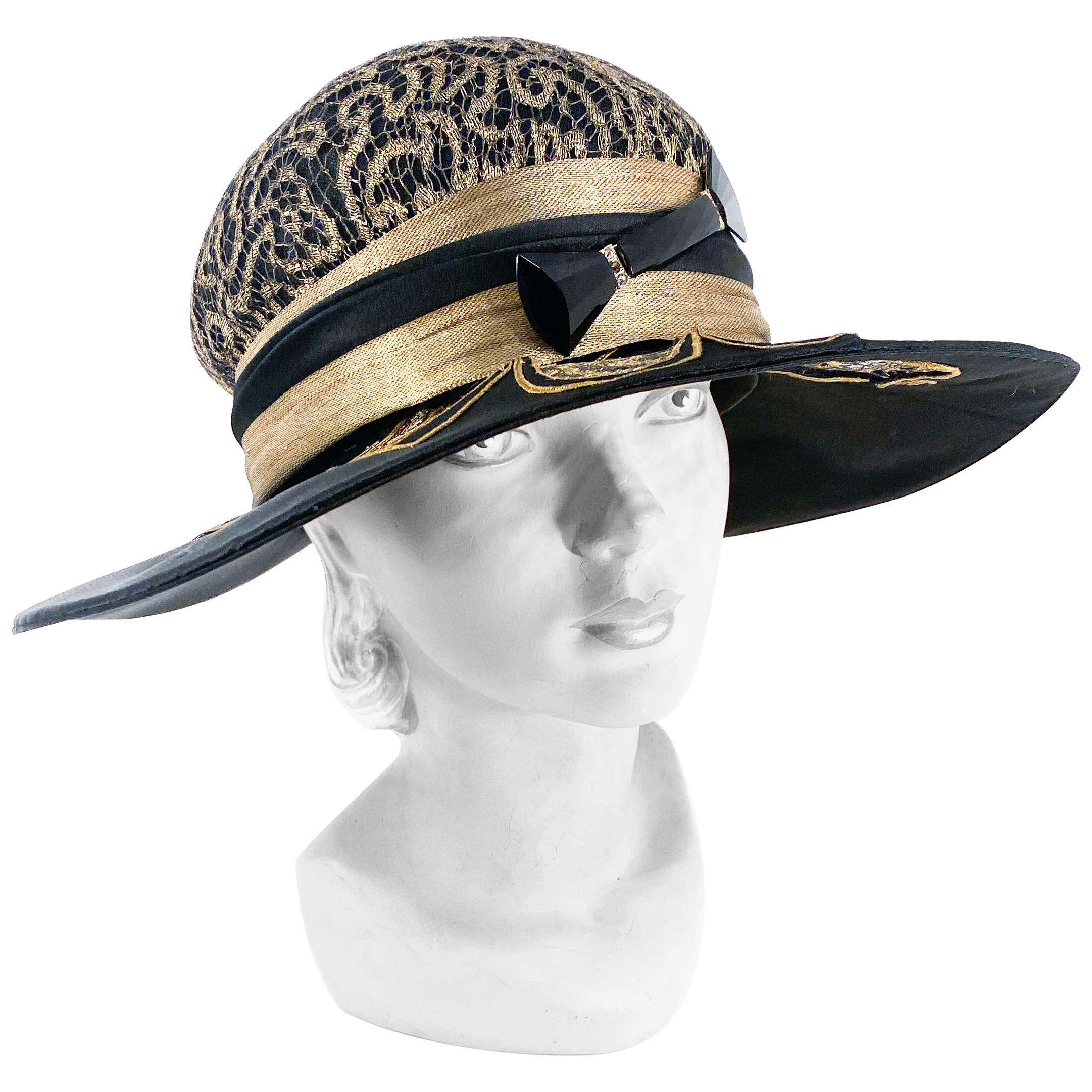 1920s Black Satin Day Cloche with Gold Lamé Accents