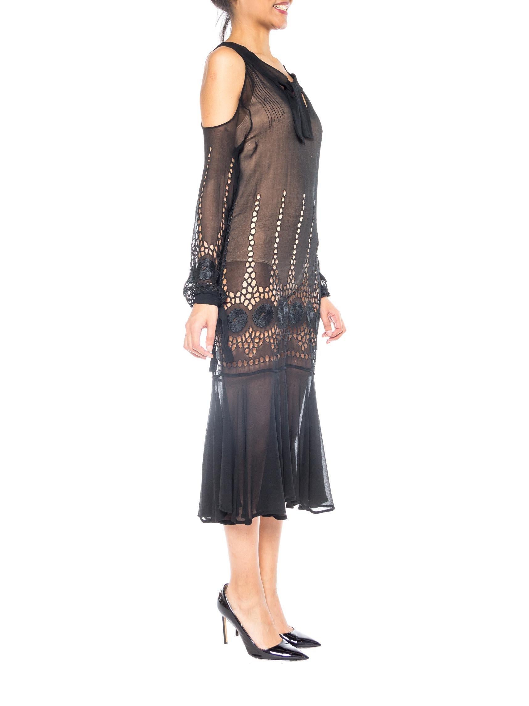 1920S Black Sheer Silk Chiffon Cold Shoulder Long Sleeve Dress With Deco Chanel Style Floral Eyelet Embroidery