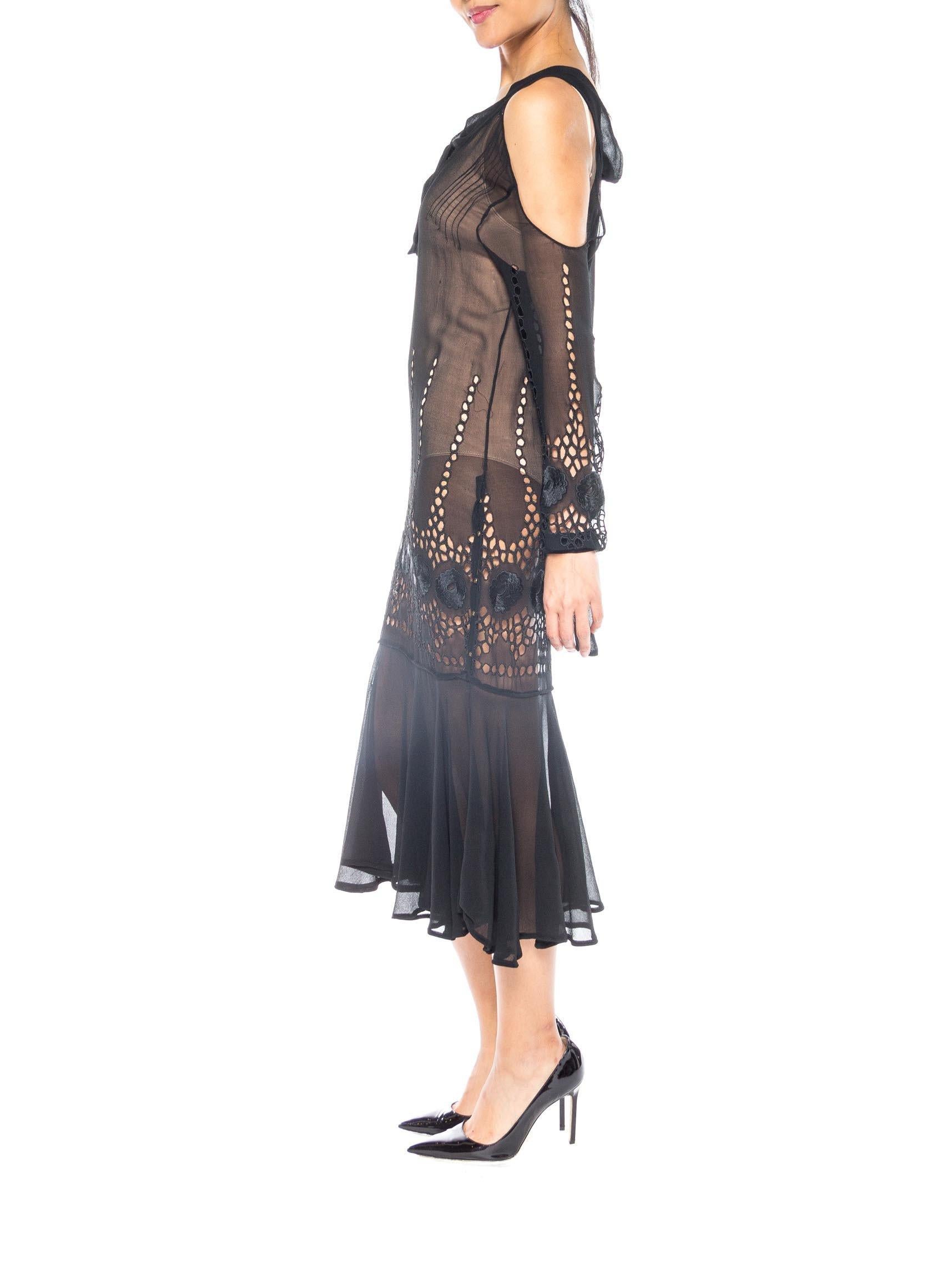 Women's 1920S Black Sheer Silk Chiffon Cold Shoulder Long Sleeve Dress With Deco Chanel