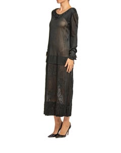 1920S Black Sheer Silk Jersey Dress With Floral Embroidery