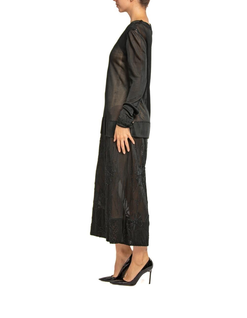 1920S Black Sheer Silk Jersey Dress With Floral Embroidery In Excellent Condition For Sale In New York, NY