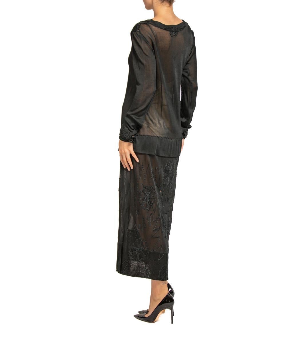 Women's 1920S Black Sheer Silk Jersey Dress With Floral Embroidery For Sale