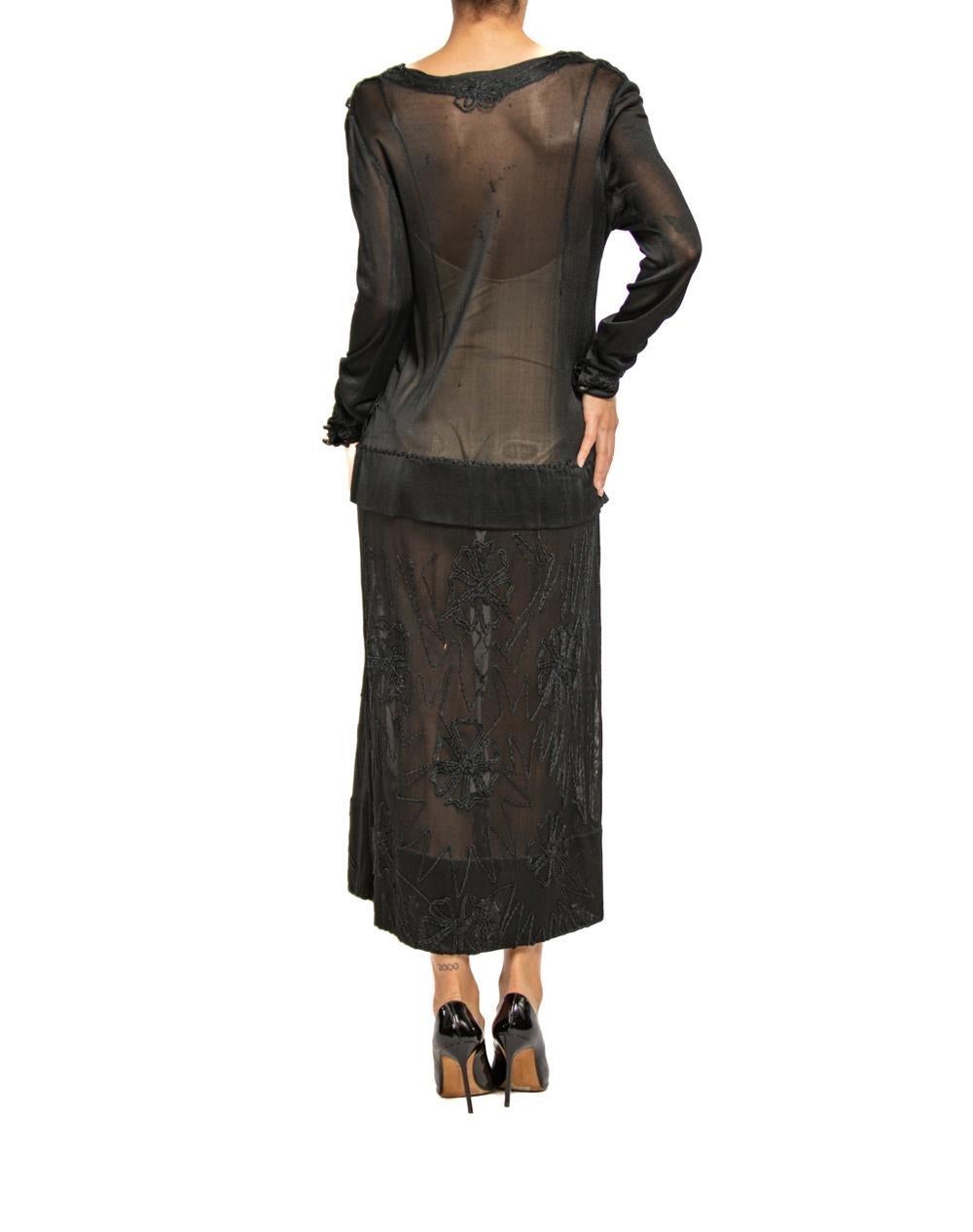 1920S Black Sheer Silk Jersey Dress With Floral Embroidery For Sale 1