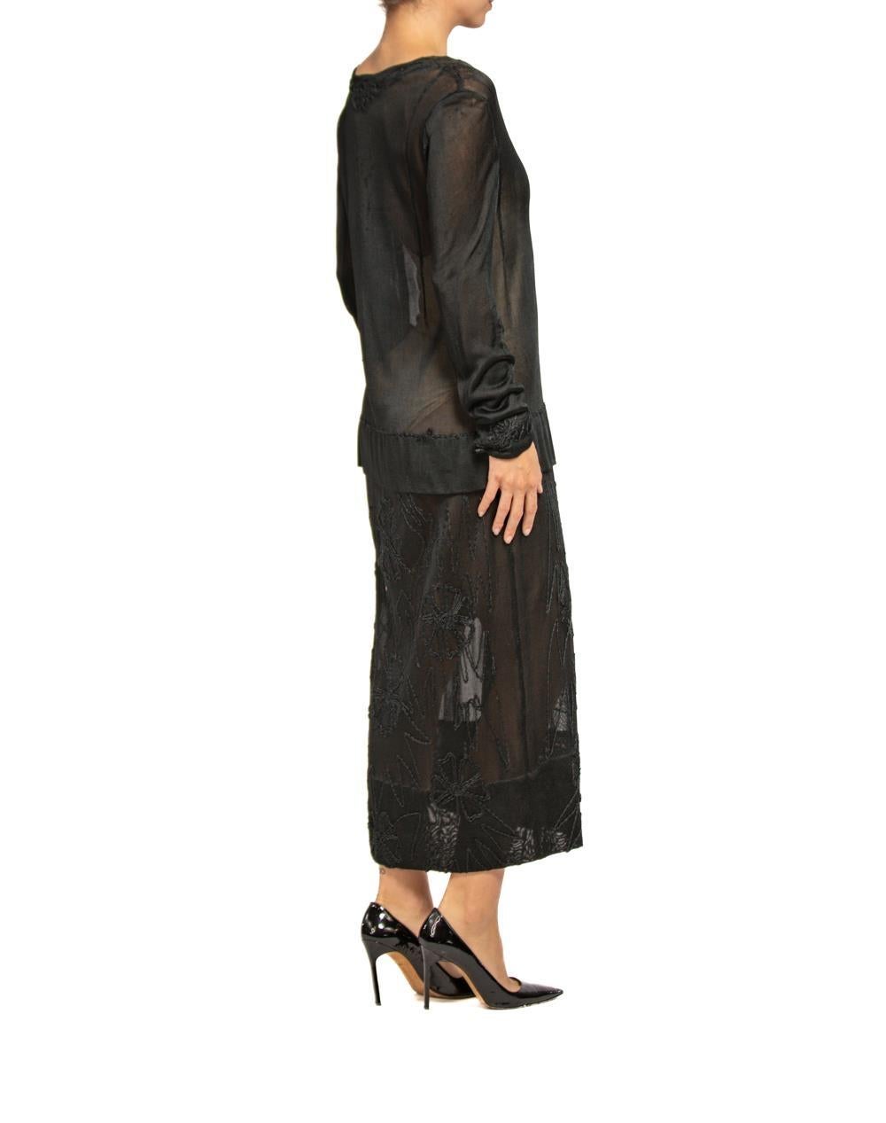 1920S Black Sheer Silk Jersey Dress With Floral Embroidery For Sale 2