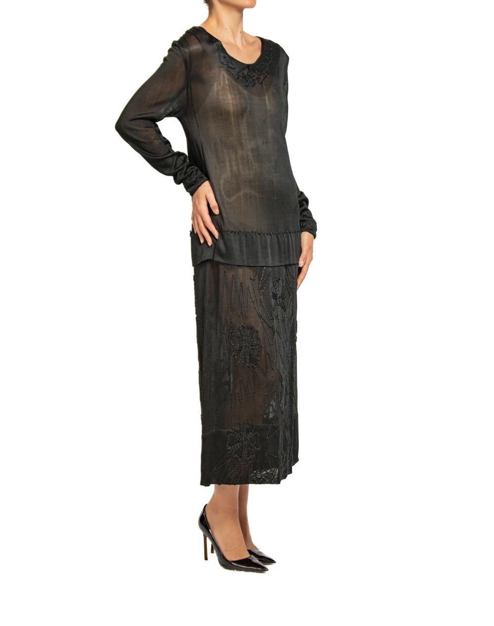 1920S Black Sheer Silk Jersey Dress With Floral Embroidery For Sale 4