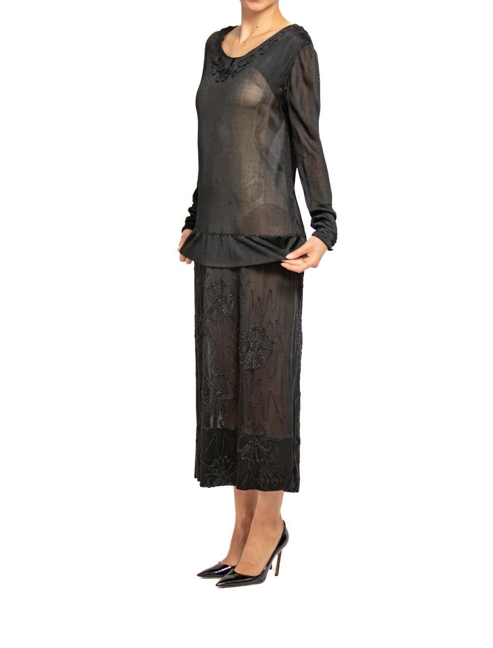 1920S Black Sheer Silk Jersey Dress With Floral Embroidery For Sale 5