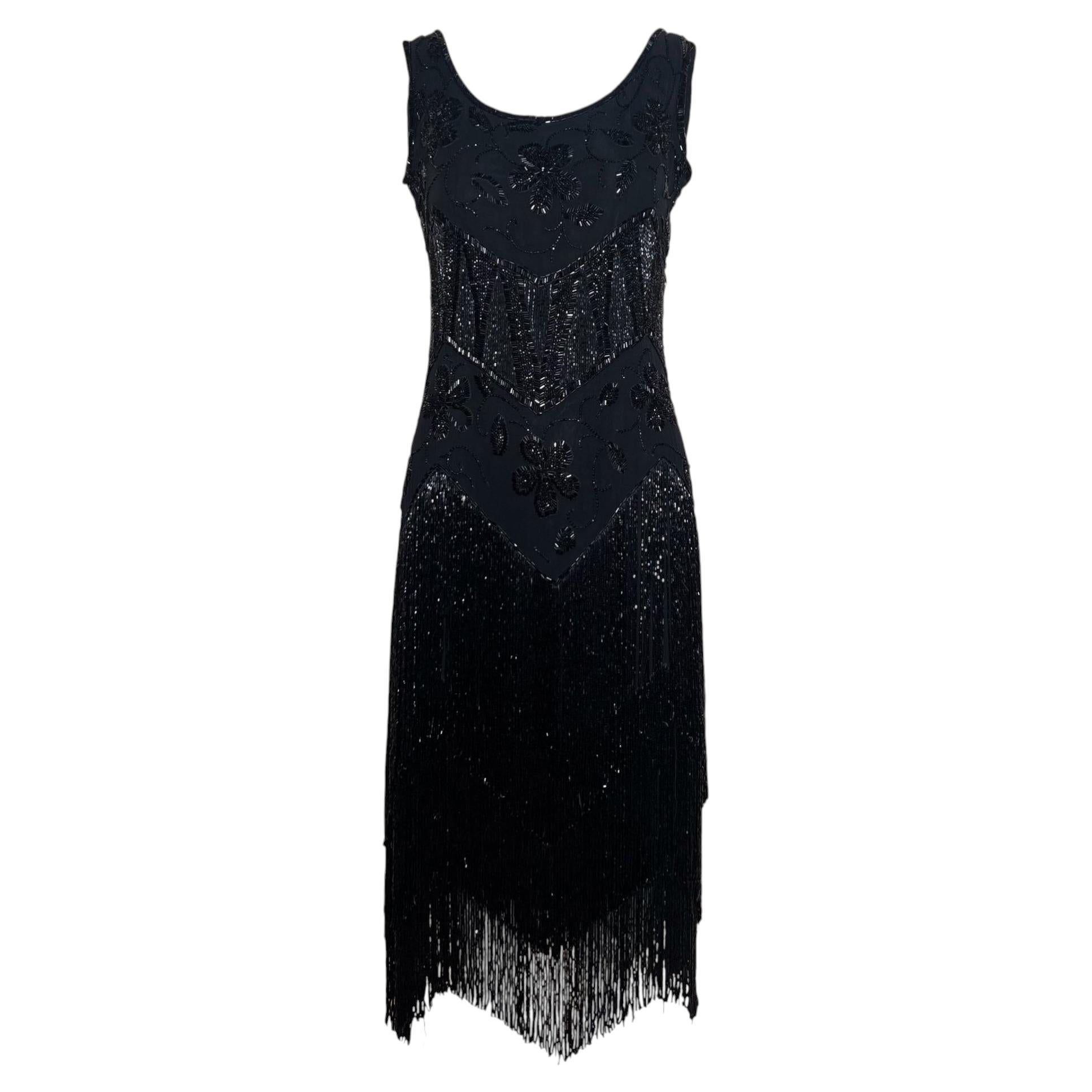 1920's Black Silk Beaded Fringe Flapper Dress
