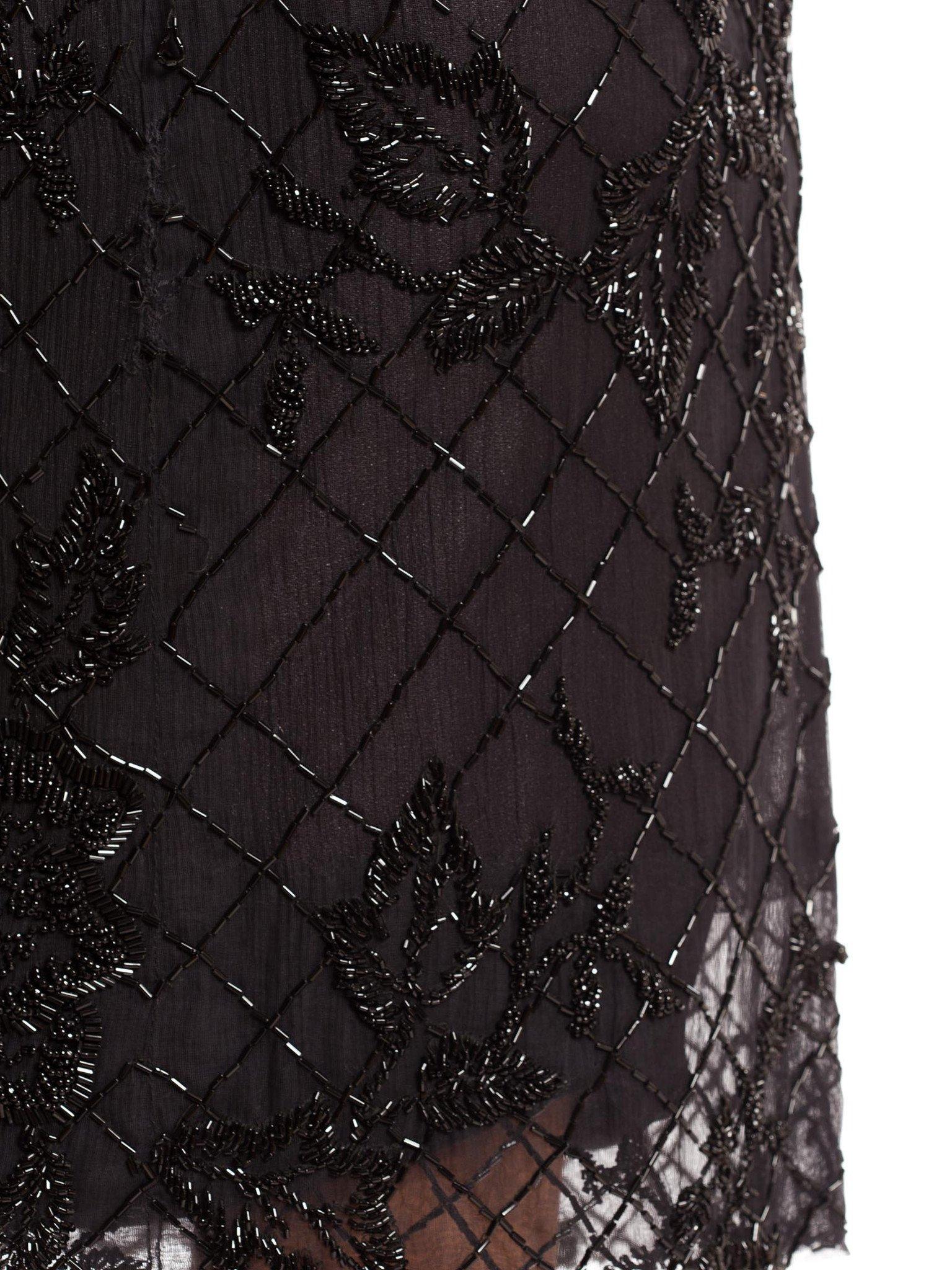 1920'S Black Silk Blend Chiffon Floral & Geometric Beaded  Cocktail Dress 3