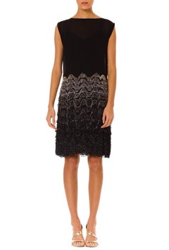 1920S Black Silk Chiffon Chevron Fringe Beaded  Cocktail Dress