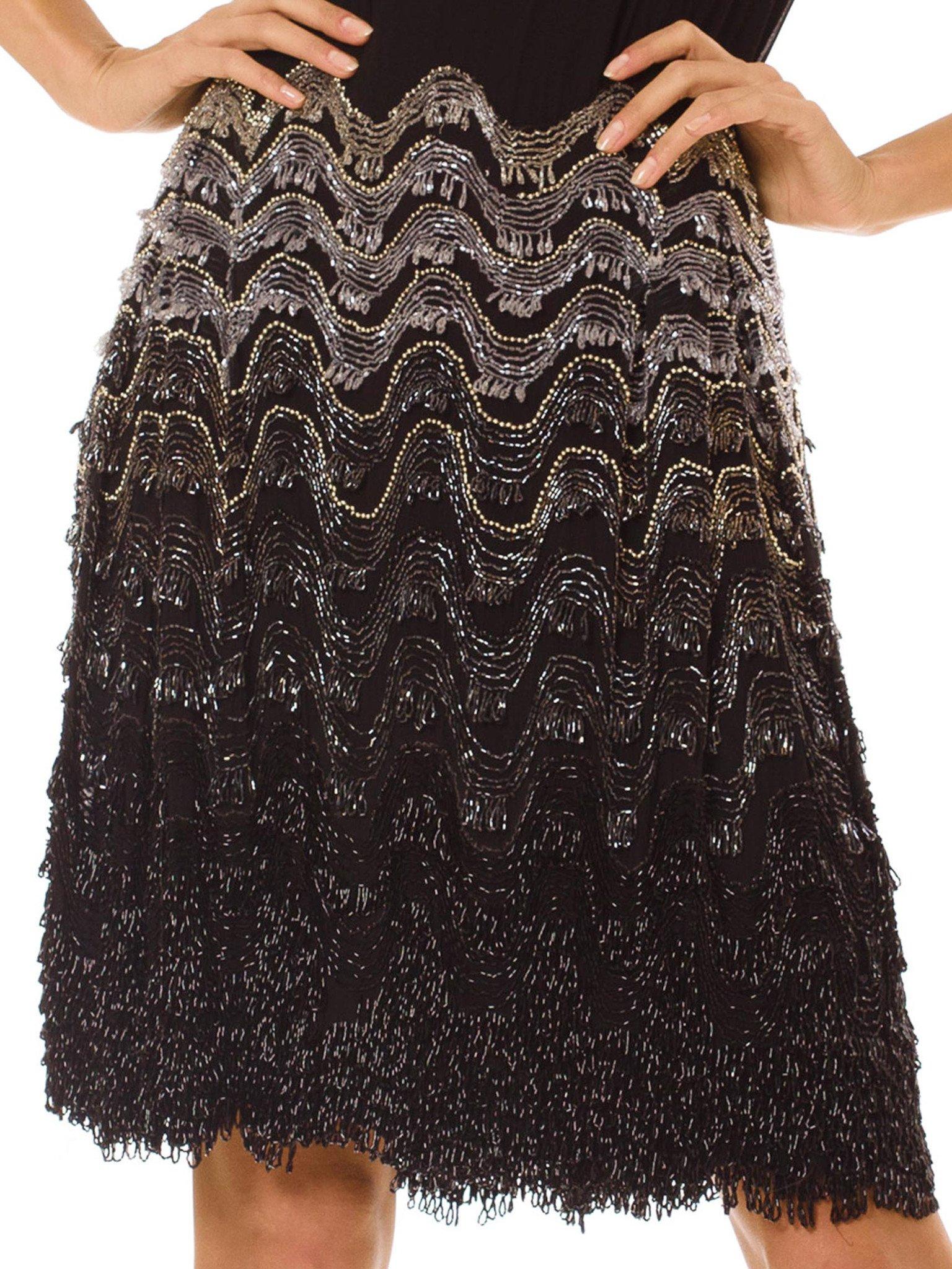 1920S Black Silk Chiffon Chevron Fringe Beaded  Cocktail Dress For Sale 5