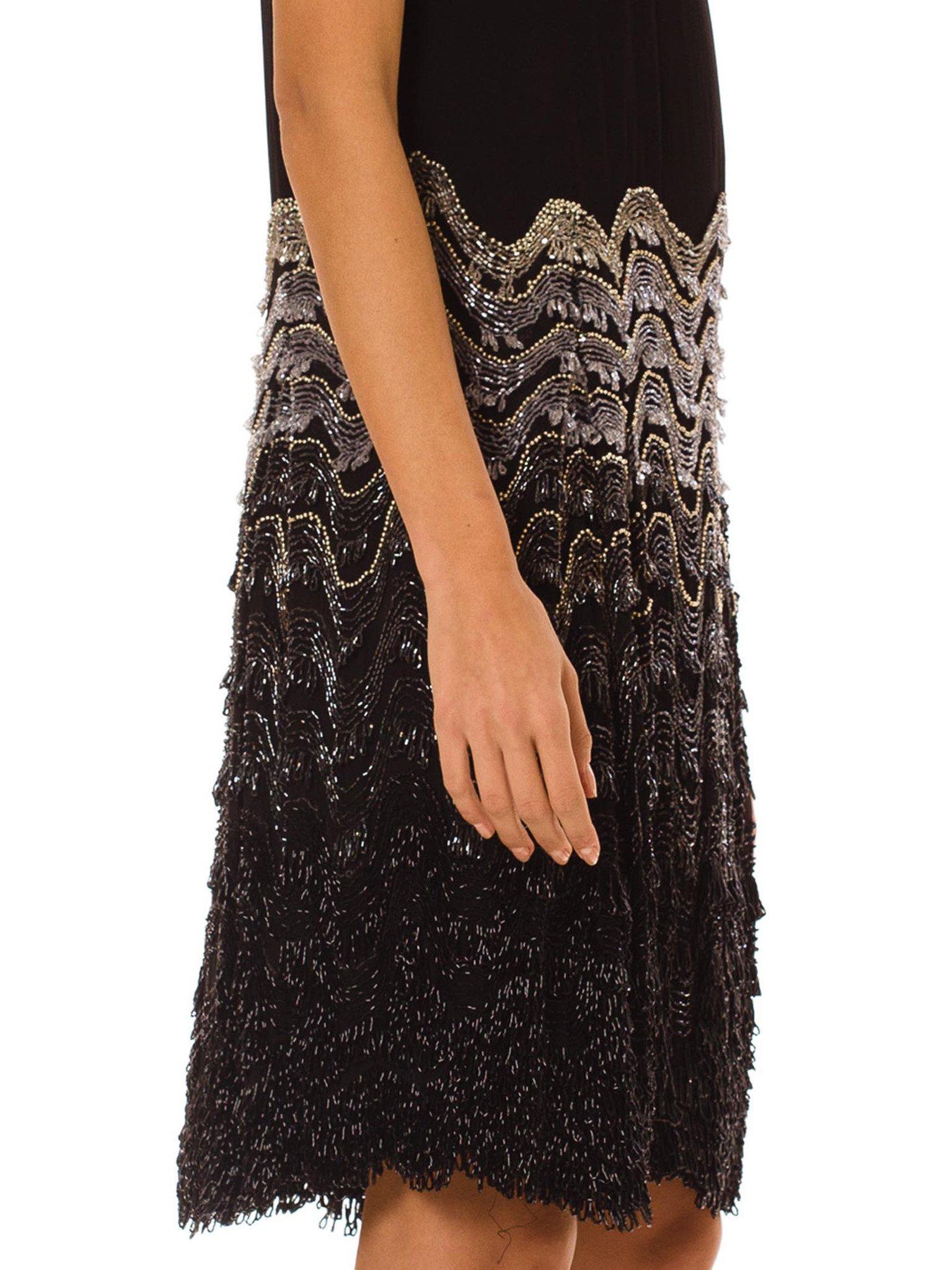 1920S Black Silk Chiffon Chevron Fringe Beaded  Cocktail Dress For Sale 6