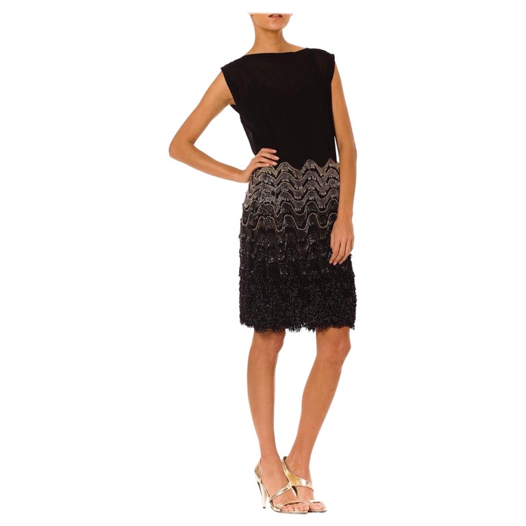 sachin and babi light blue dress 1920S Black Silk Chiffon Chevron Fringe Beaded Cocktail Dress For Sale at  1stDibs