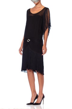 1920S Black Silk Chiffon & Fringe Flapper  Cocktail Dress With Rhinestone Buckle