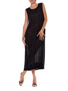 1920S  Black Silk Chiffon Sheer & Blue Deco Beaded Cocktail Dress