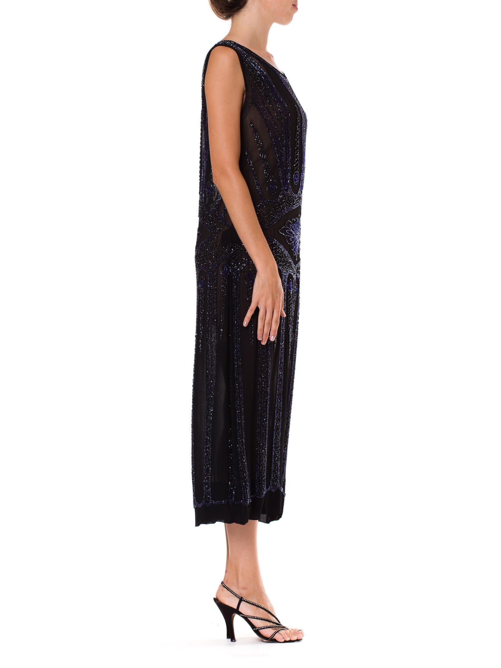 1920S  Black Silk Chiffon Sheer & Blue Deco Beaded Cocktail Dress In Excellent Condition For Sale In New York, NY