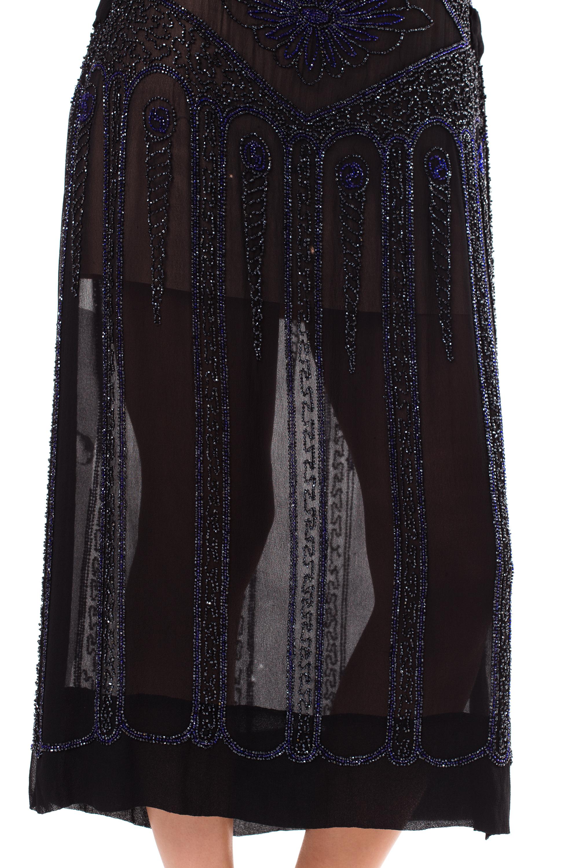 1920S  Black Silk Chiffon Sheer & Blue Deco Beaded Cocktail Dress For Sale 3