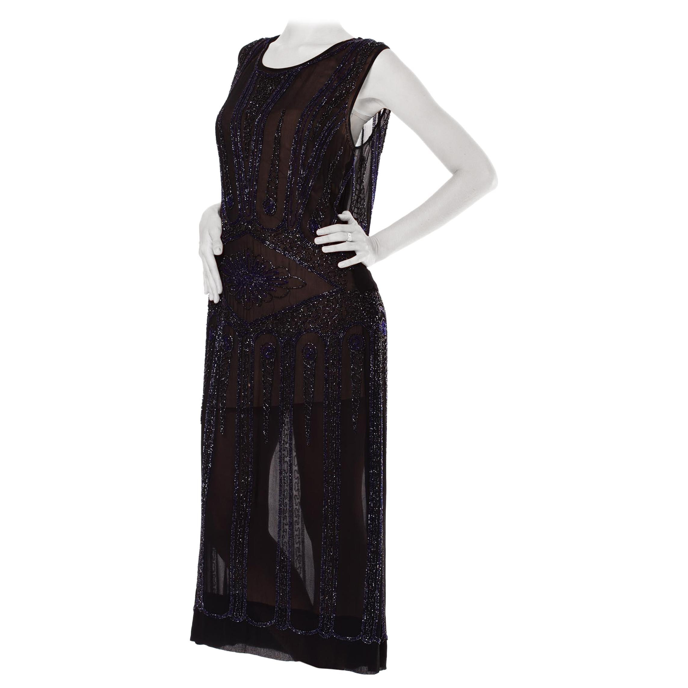 1920S  Black Silk Chiffon Sheer & Blue Deco Beaded Cocktail Dress For Sale