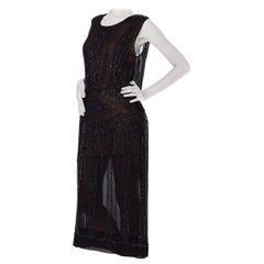 1920S  Black Silk Chiffon Sheer & Blue Deco Beaded Cocktail Dress