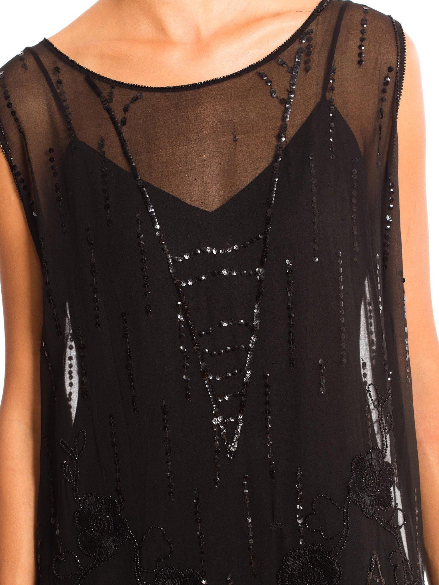 1920'S Black Silk Chiffon Sheer  Cocktail Dress With Floral Deco Sequins, Beads 3