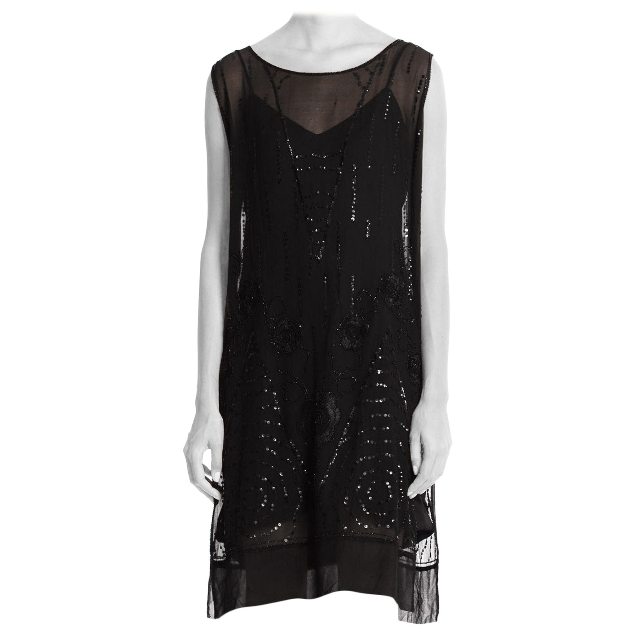 1920'S Black Silk Chiffon Sheer  Cocktail Dress With Floral Deco Sequins, Beads