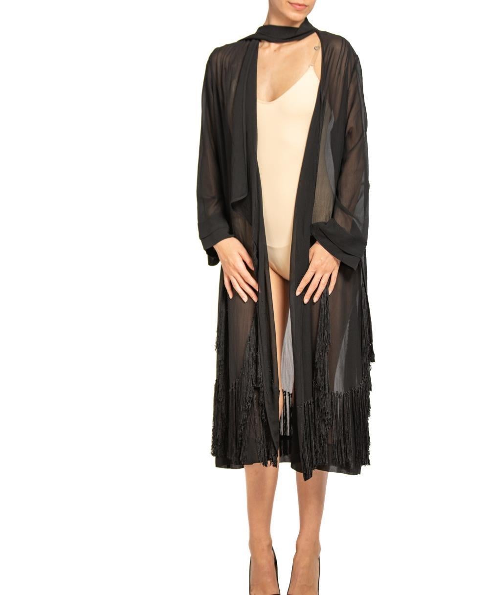 1920S Black Silk Chiffon Wrap Dress Duster With Fringe For Sale 7