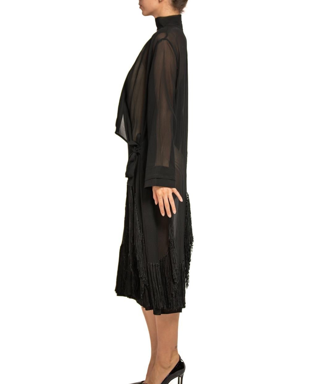 1920S Black Silk Chiffon Wrap Dress Duster With Fringe In Excellent Condition For Sale In New York, NY