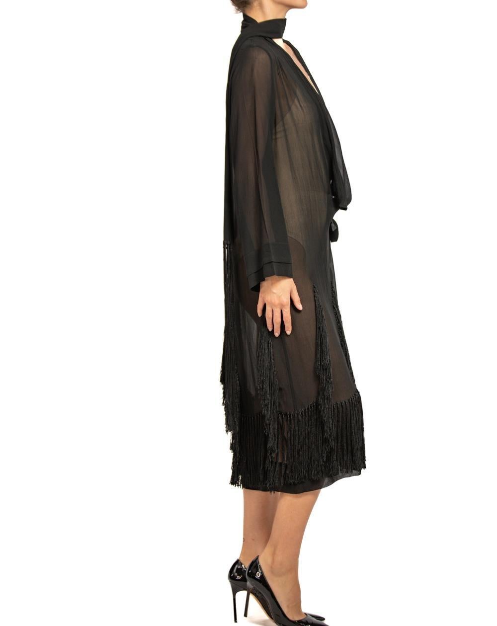 Women's 1920S Black Silk Chiffon Wrap Dress Duster With Fringe For Sale