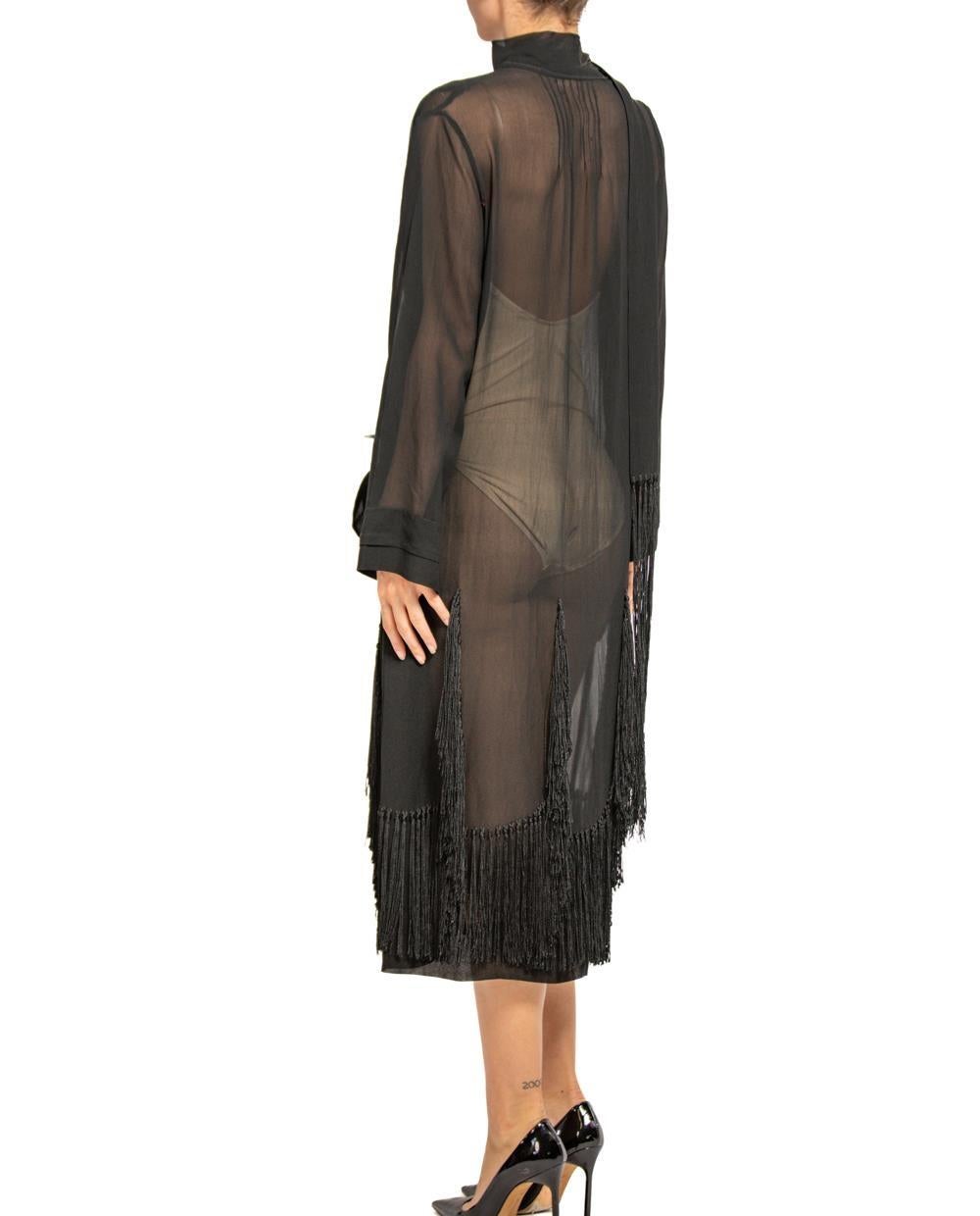 1920S Black Silk Chiffon Wrap Dress Duster With Fringe For Sale 1