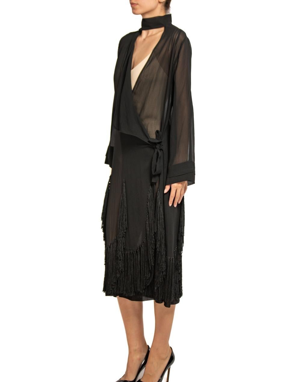 1920S Black Silk Chiffon Wrap Dress Duster With Fringe For Sale 3