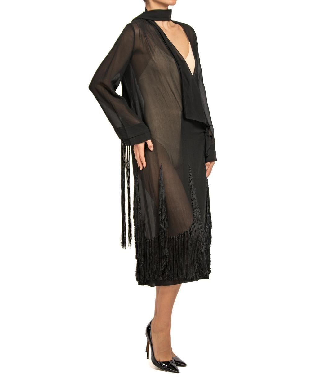 1920S Black Silk Chiffon Wrap Dress Duster With Fringe For Sale 4