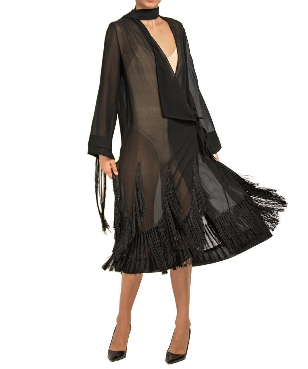 1920S Black Silk Chiffon Wrap Dress Duster With Fringe For Sale 5
