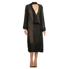 1920S Black Silk Chiffon Wrap Dress Duster With Fringe