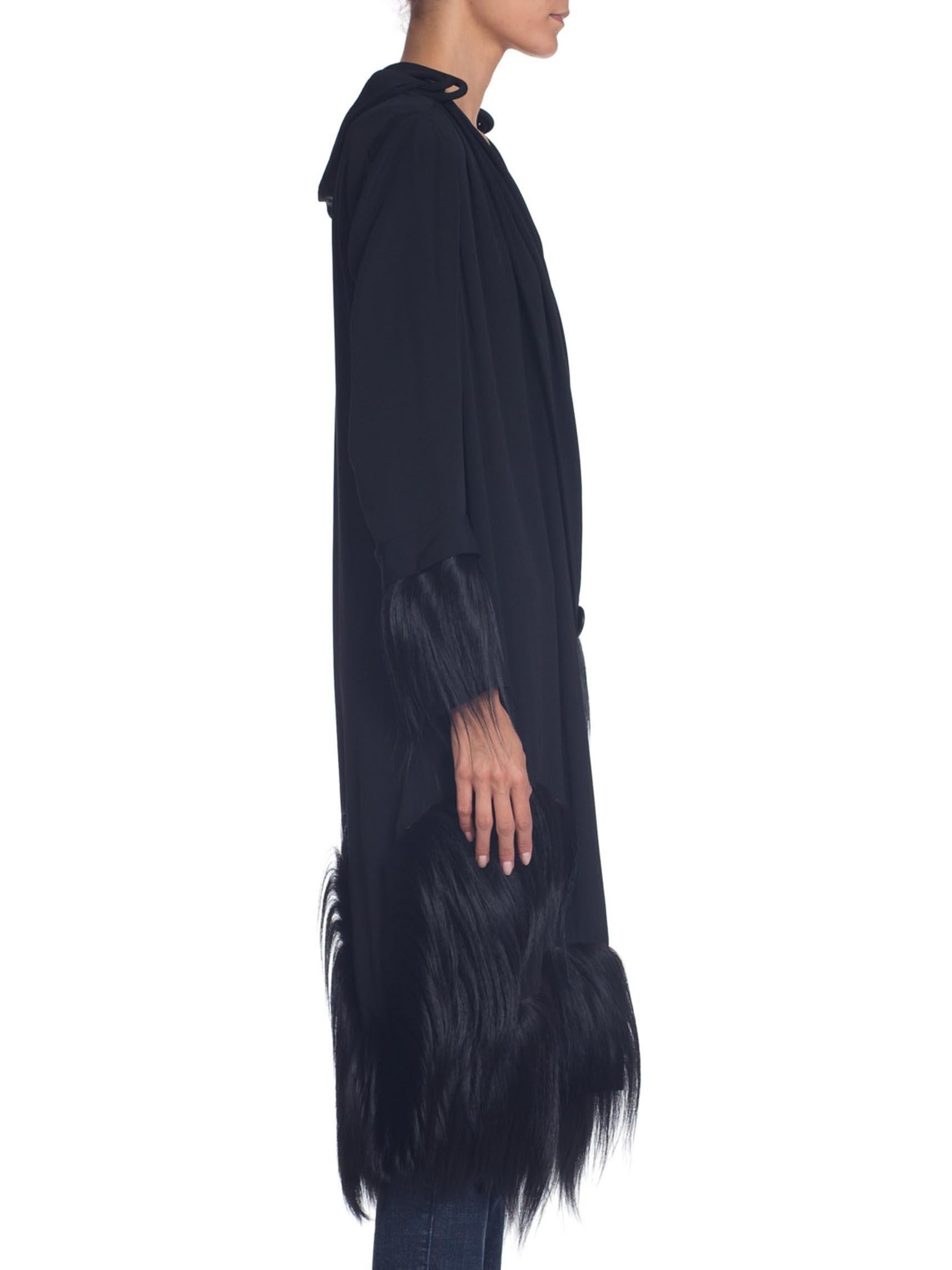 Women's 1920S Black Silk Crepe De Chine Drop Waist Wrap Coat With Fur Trim