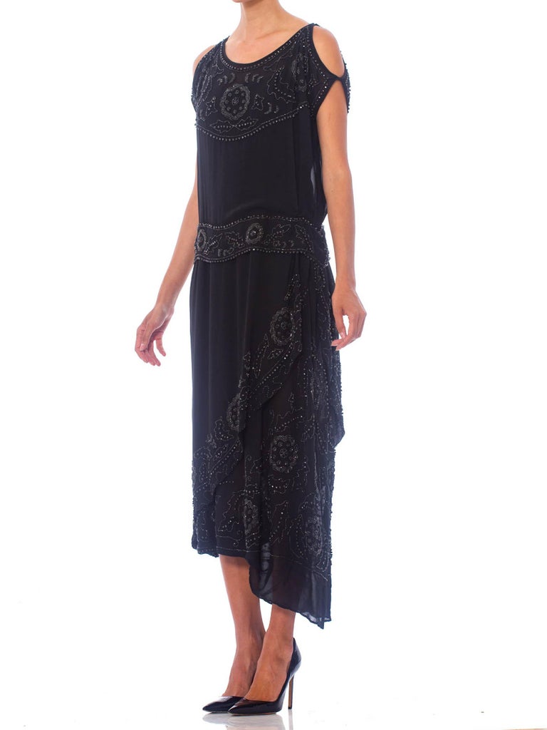 1920s Black Silk Crepe Jet Beaded Asymmetrical Wrap Flapper Cocktail Dress with