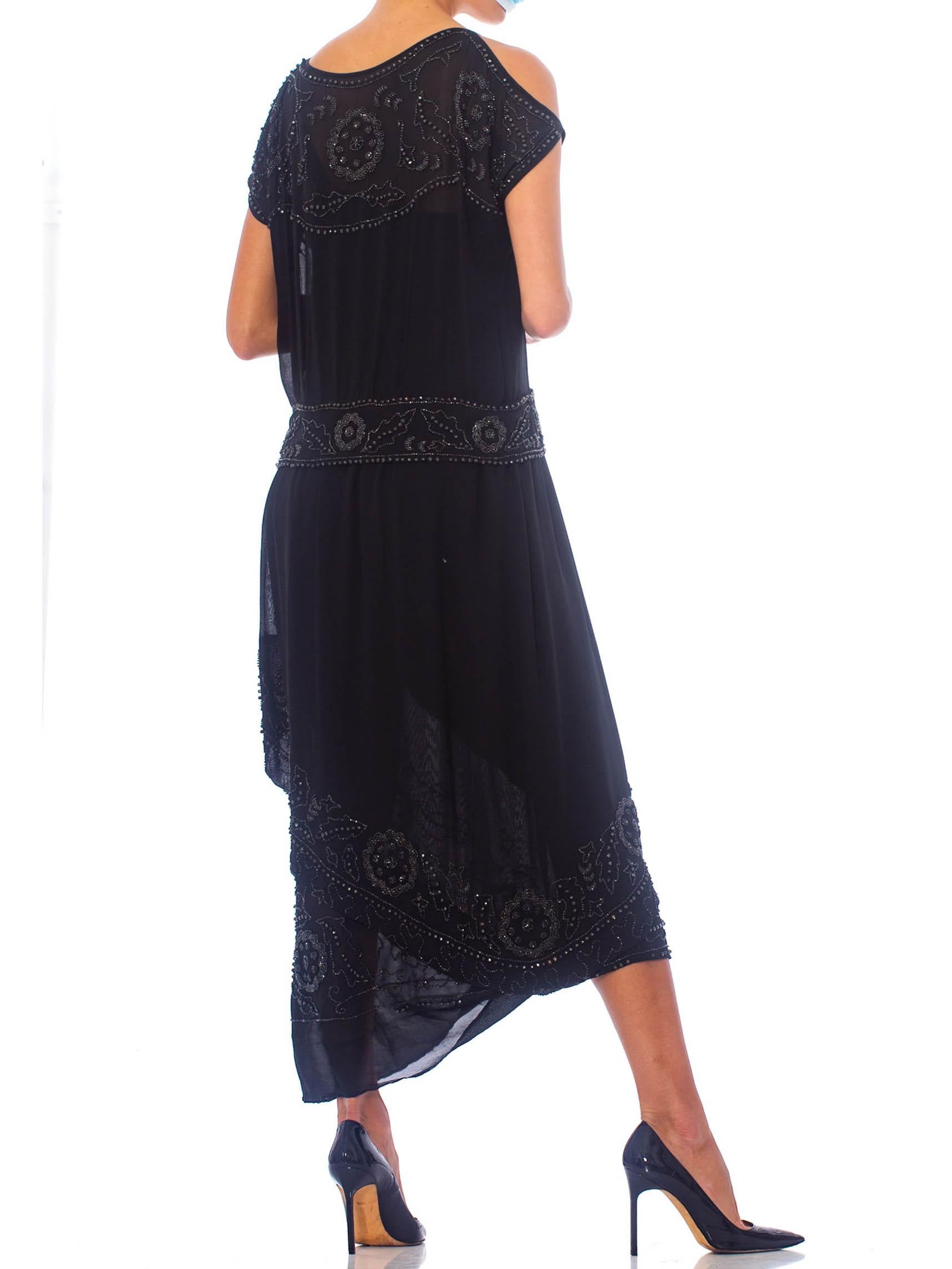 Women's 1920S Black Silk Crepe Jet Beaded Asymmetrical Wrap Flapper Cocktail Dress With For Sale