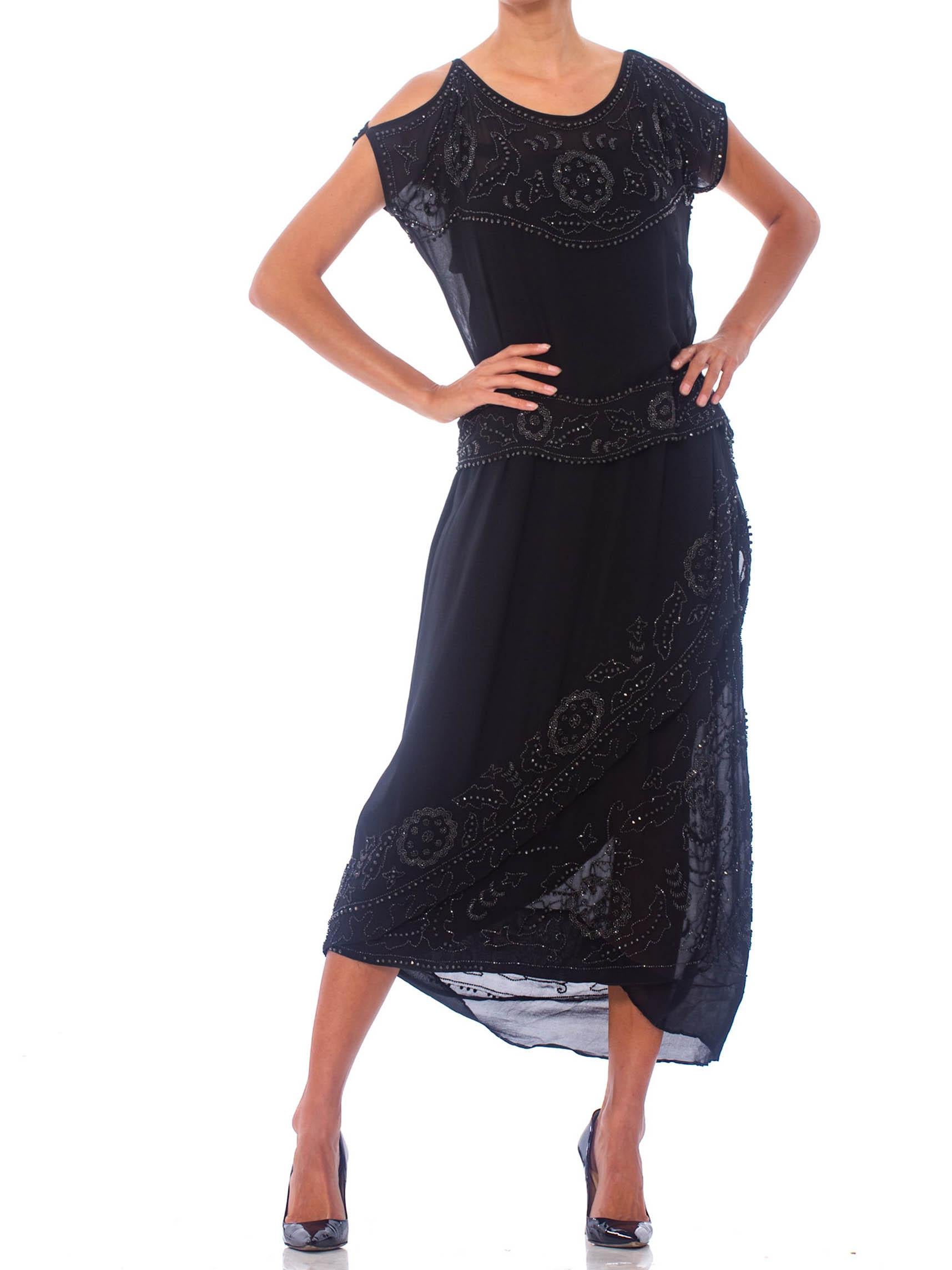 1920S Black Silk Crepe Jet Beaded Asymmetrical Wrap Flapper Cocktail Dress With For Sale 2