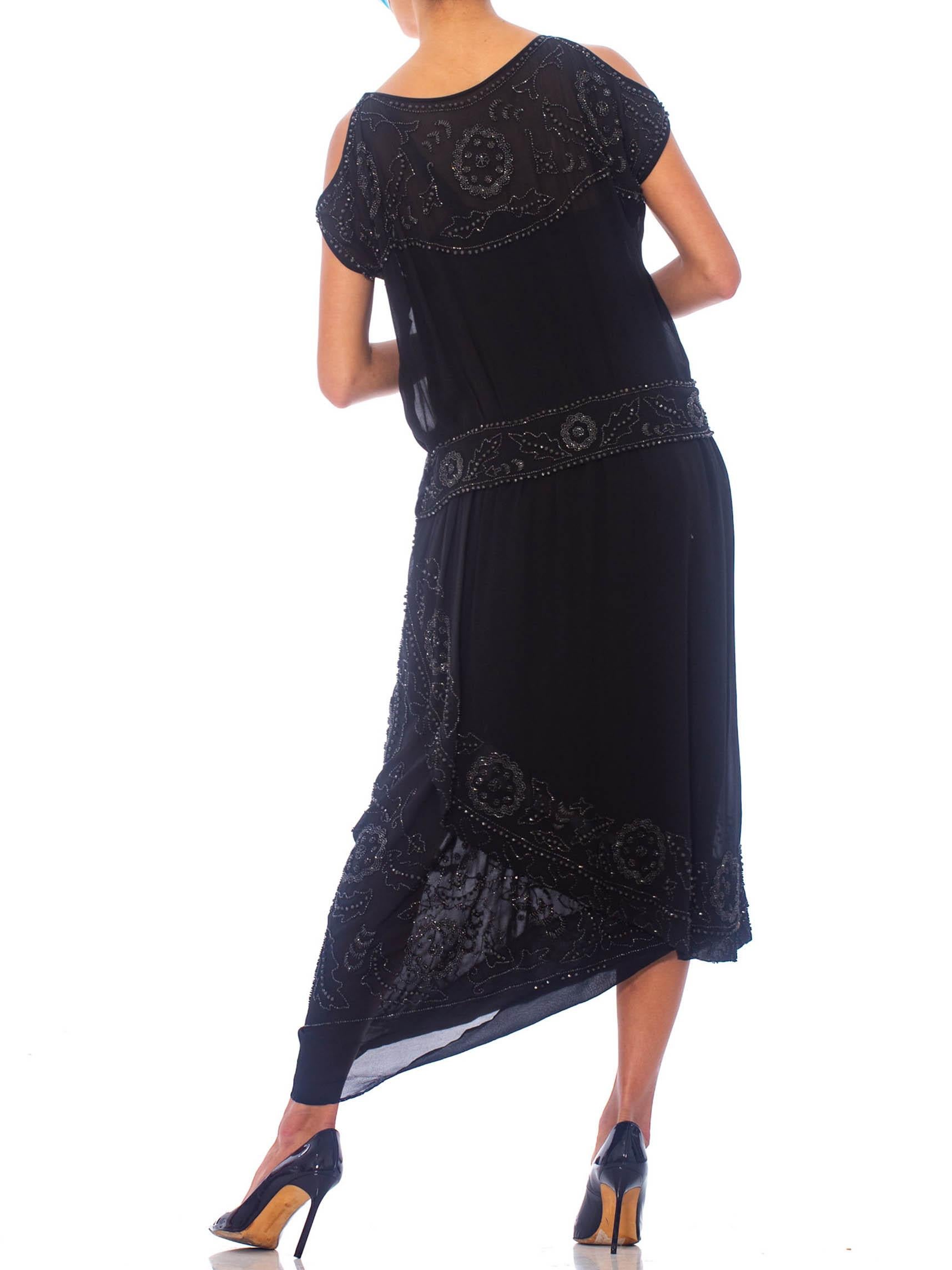 1920S Black Silk Crepe Jet Beaded Asymmetrical Wrap Flapper Cocktail Dress With For Sale 3