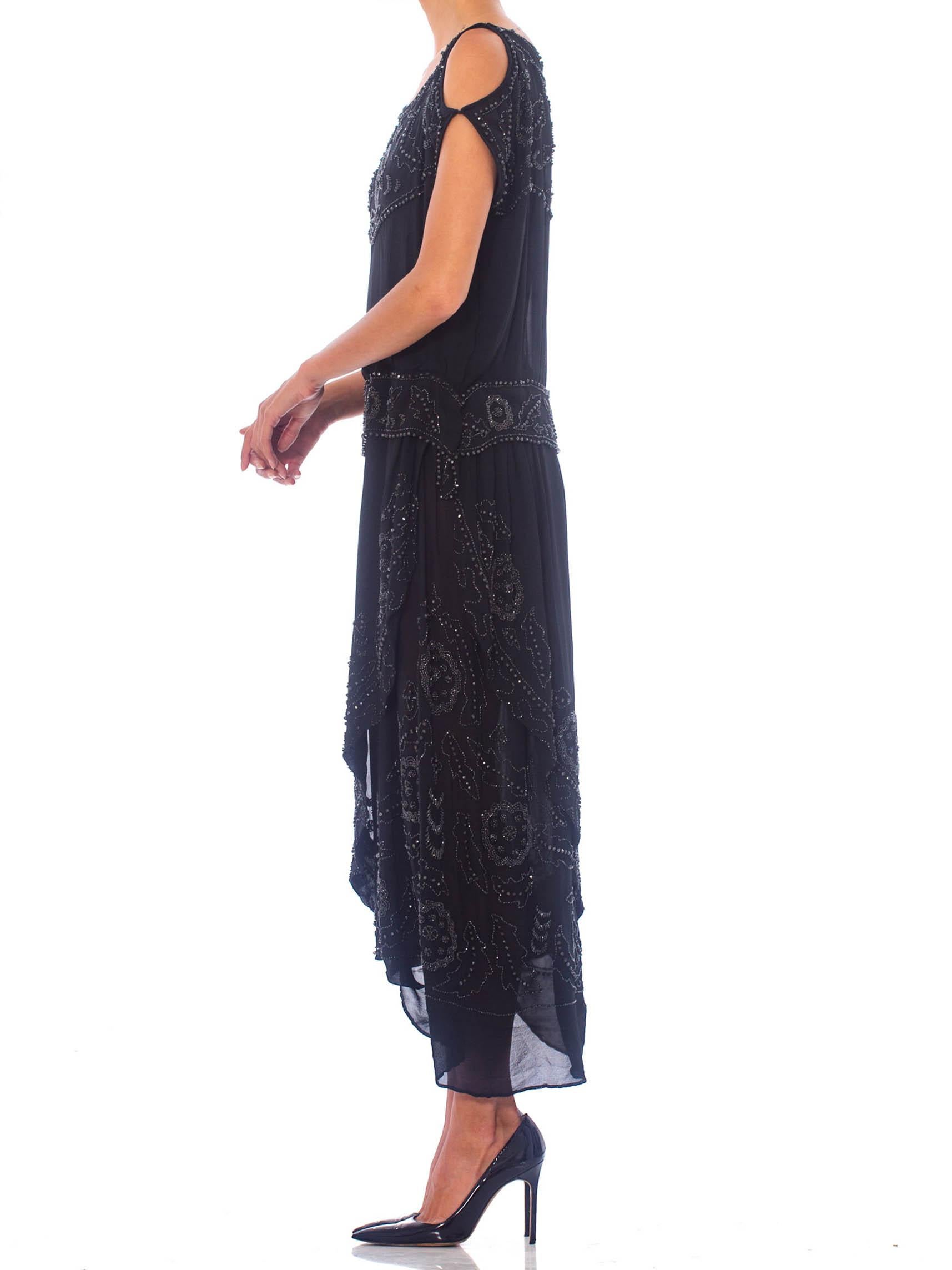 1920S Black Silk Crepe Jet Beaded Asymmetrical Wrap Flapper Cocktail Dress With For Sale 4