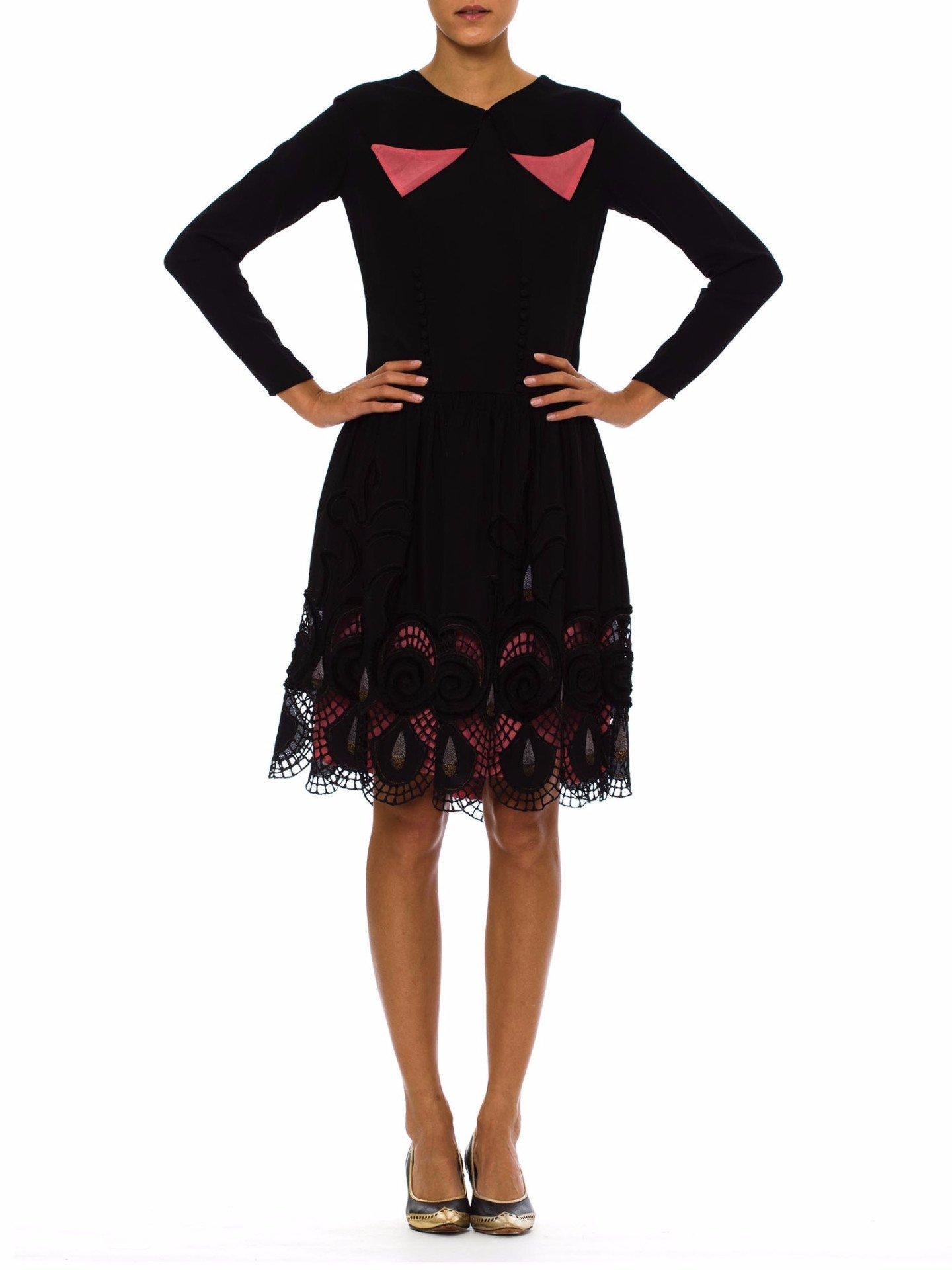 1920S Black Silk Faille Long Sleeve Dress With Velvet Deco Swirl Appliqués & Pink Lining