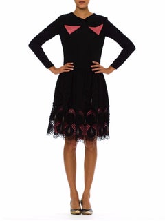 1920S Black Silk Faille Long Sleeve Dress With Velvet Deco Swirl Appliqués & Pi