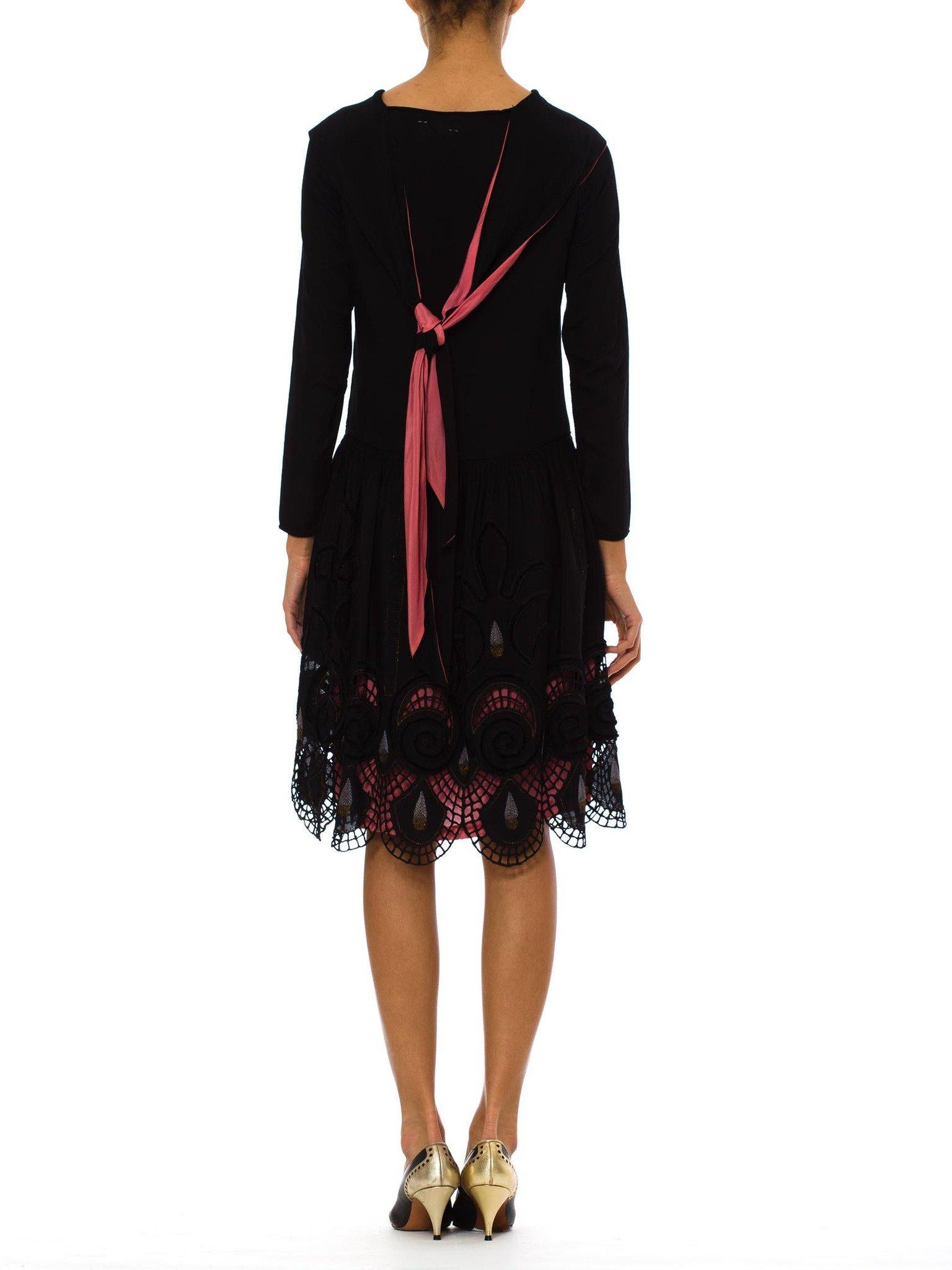 Women's 1920S Black Silk Faille Long Sleeve Dress With Velvet Deco Swirl Appliqués & Pi For Sale