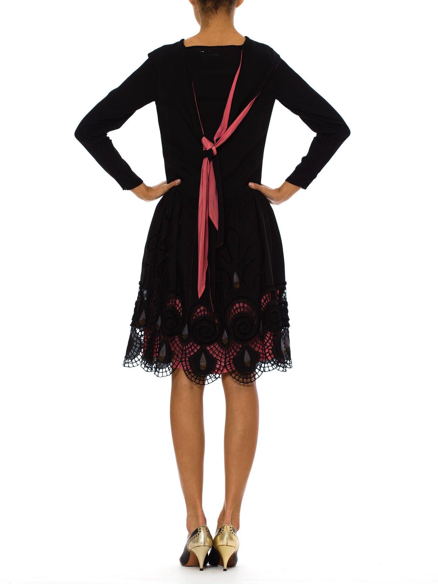 1920S Black Silk Faille Long Sleeve Dress With Velvet Deco Swirl Appliqués & Pi For Sale 1